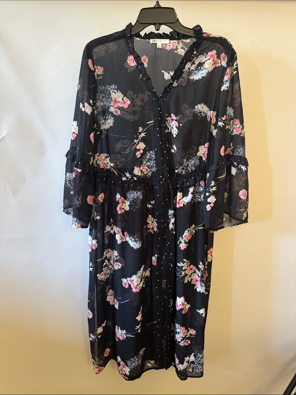 DR2 Floral Black Midi Sheer Shirtdress with Pink Bloom Print